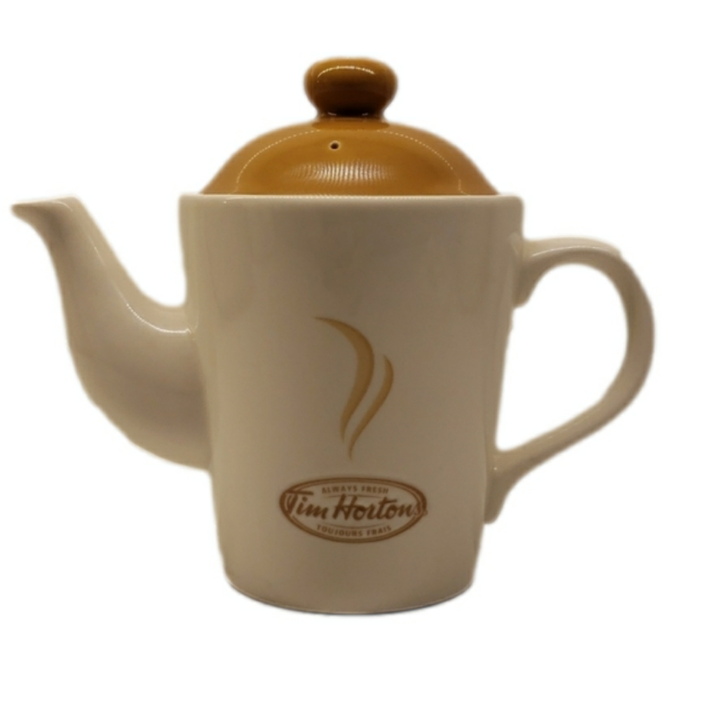 𝅺vintage Tim Horton's Coffee Tea Pot White Brown lid 5"h x 9"w